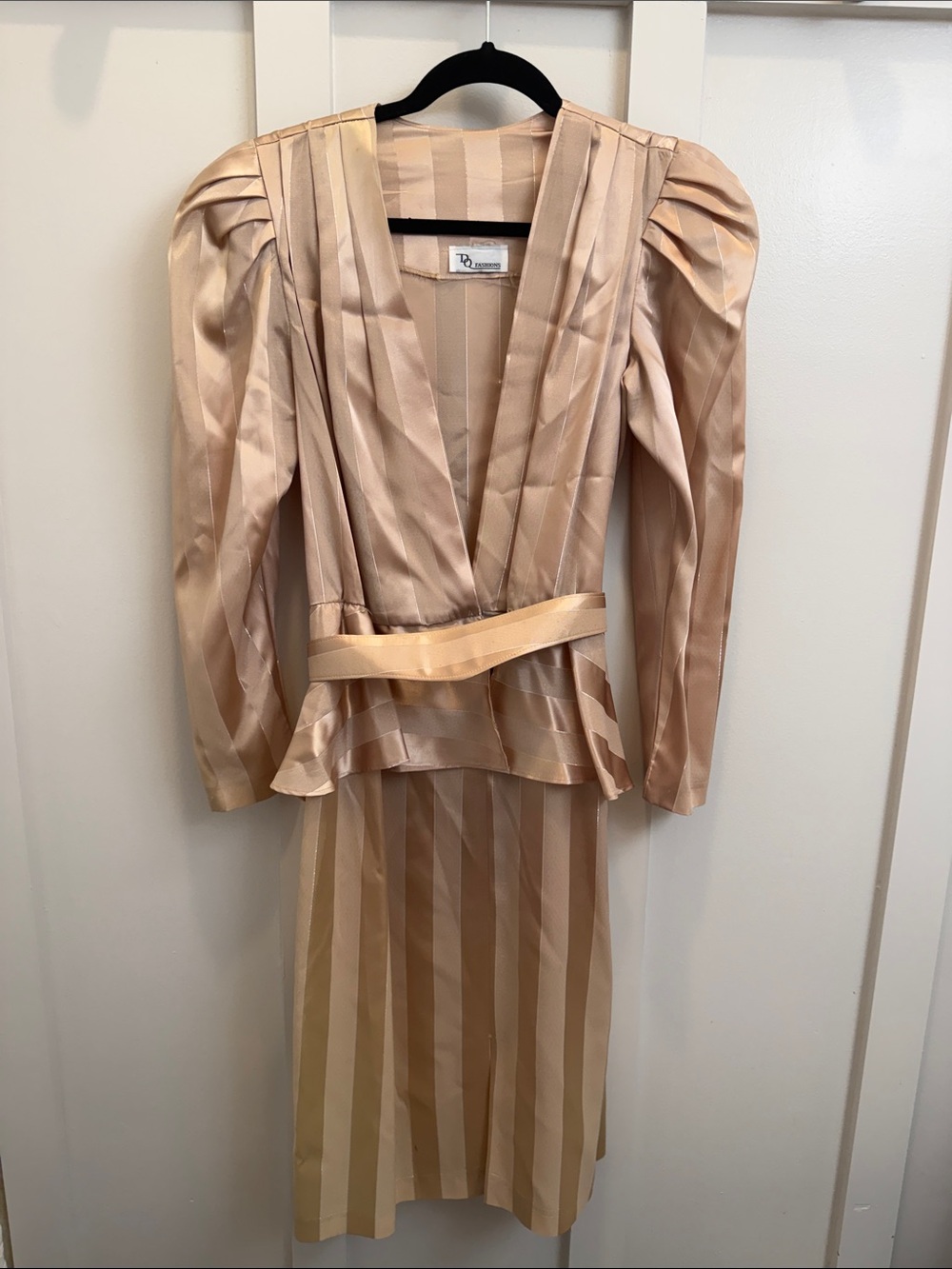 Vintage!   Taupe Striped Long-Sleeve Peplum Dress - Designer Label